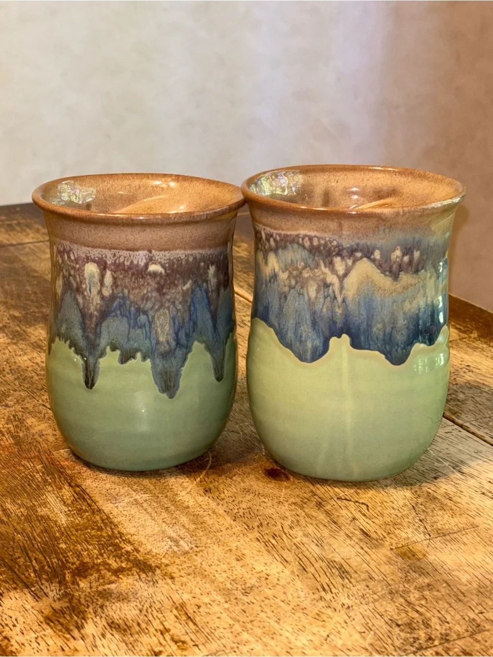 2013 & 2017 Neher Clay in Motion Mossy Creek Pottery Hand Warmer Mugs - Set of 2